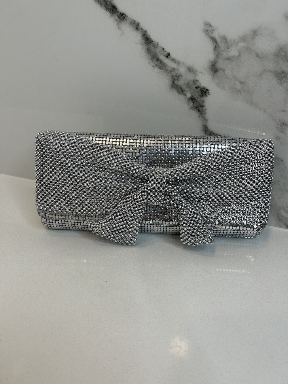 Vtg GUNNE SAX Silver Purse clutch bag metal mesh Cross Body chain Wedding Bow